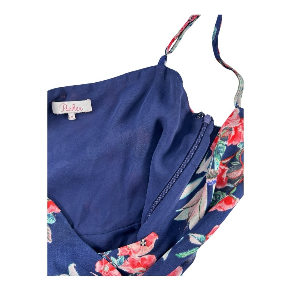 Parker Floral Navy Blue Sleeveless Dress size Medium Wrap Front Tie Waist Flowy - Picture 4 of 14